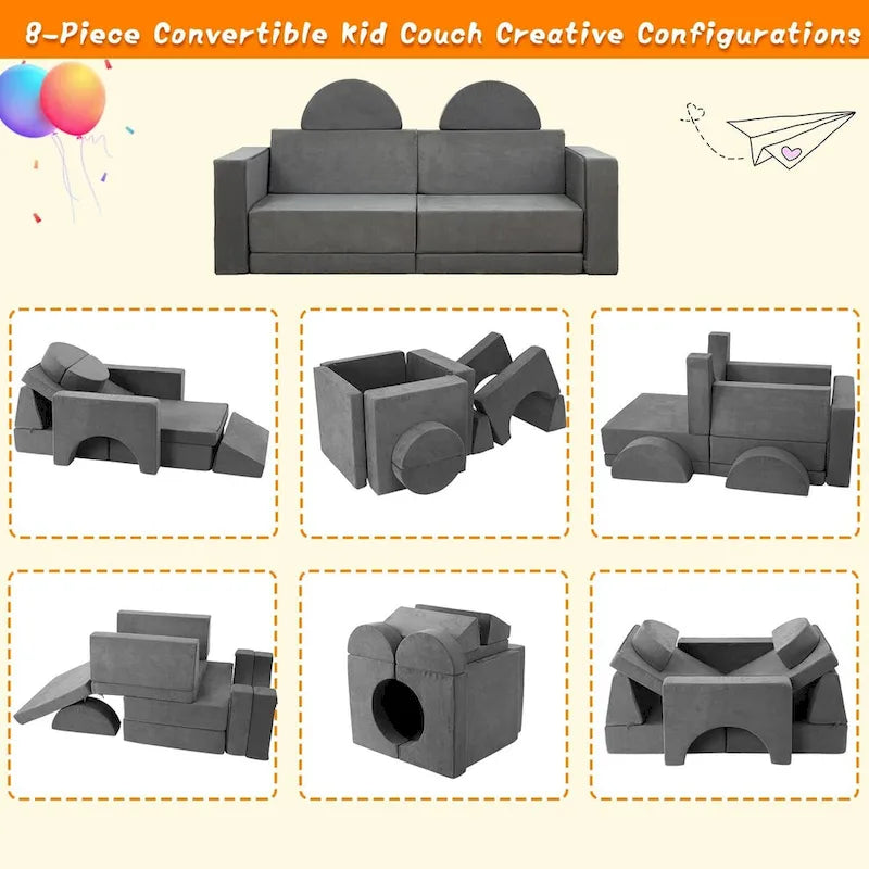 Canapé de jeu convertible 8 pièces pour enfants, forteresse de jeu multifonction 8-en-1