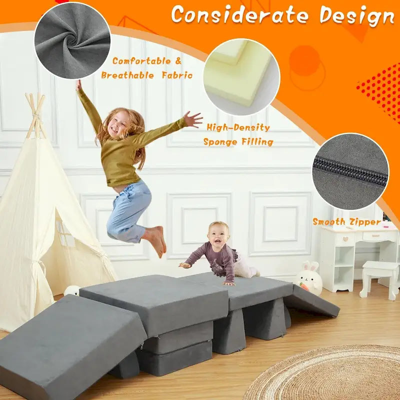 Canapé de jeu convertible 8 pièces pour enfants, forteresse de jeu multifonction 8-en-1