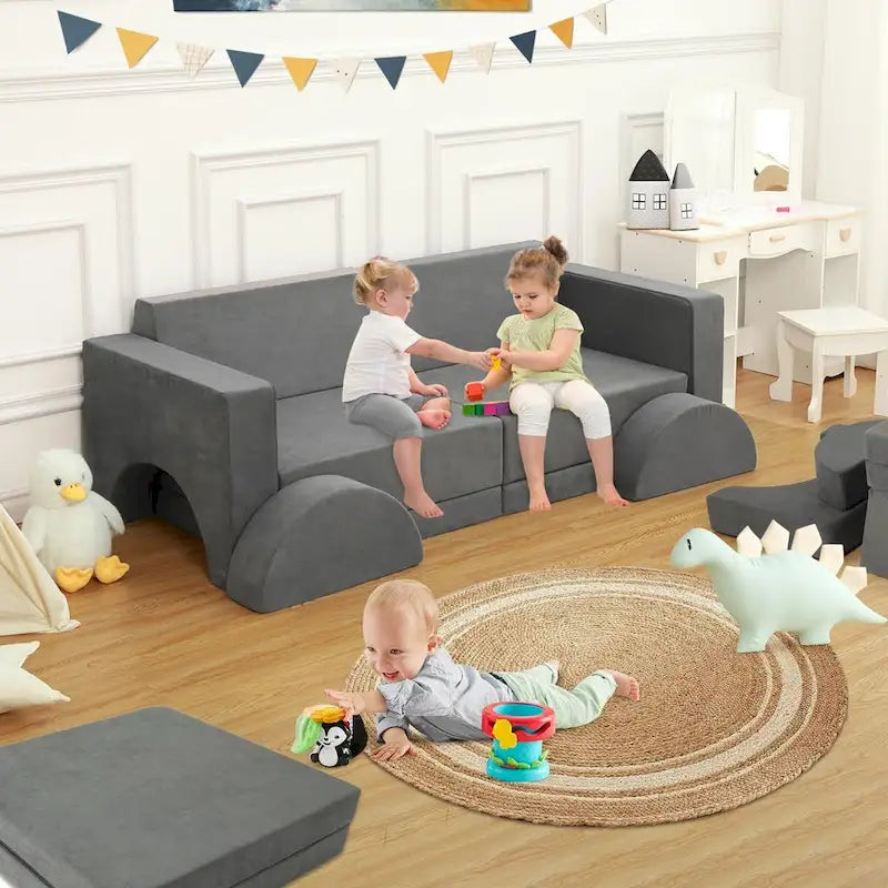 Canapé de jeu convertible 8 pièces pour enfants, forteresse de jeu multifonction 8-en-1