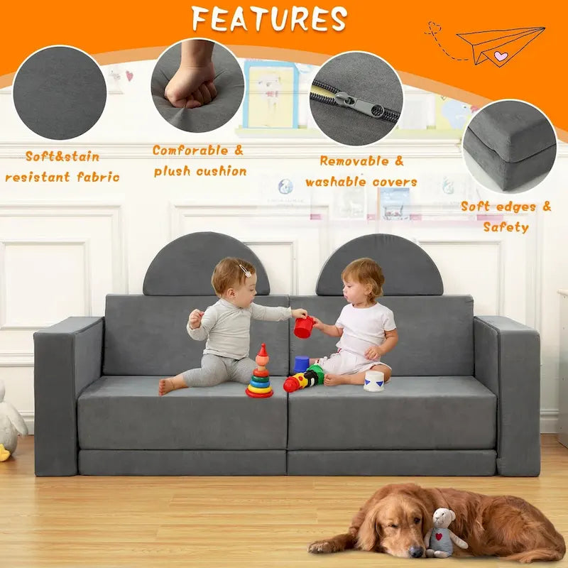 Canapé de jeu convertible 8 pièces pour enfants, forteresse de jeu multifonction 8-en-1
