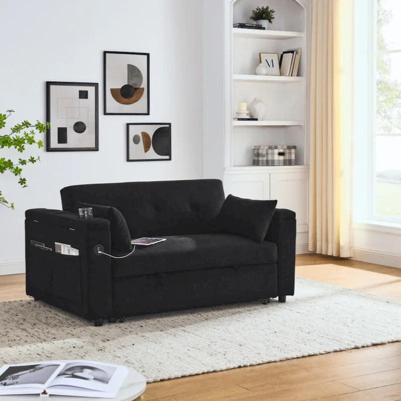 Canapé-lit gigogne 54 double places inclinable avec accoudoirs, rangement et poches latérales, et prise USB