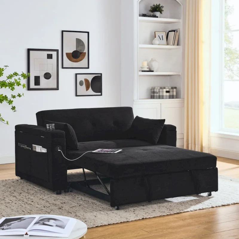 Canapé-lit gigogne 54 double places inclinable avec accoudoirs, rangement et poches latérales, et prise USB