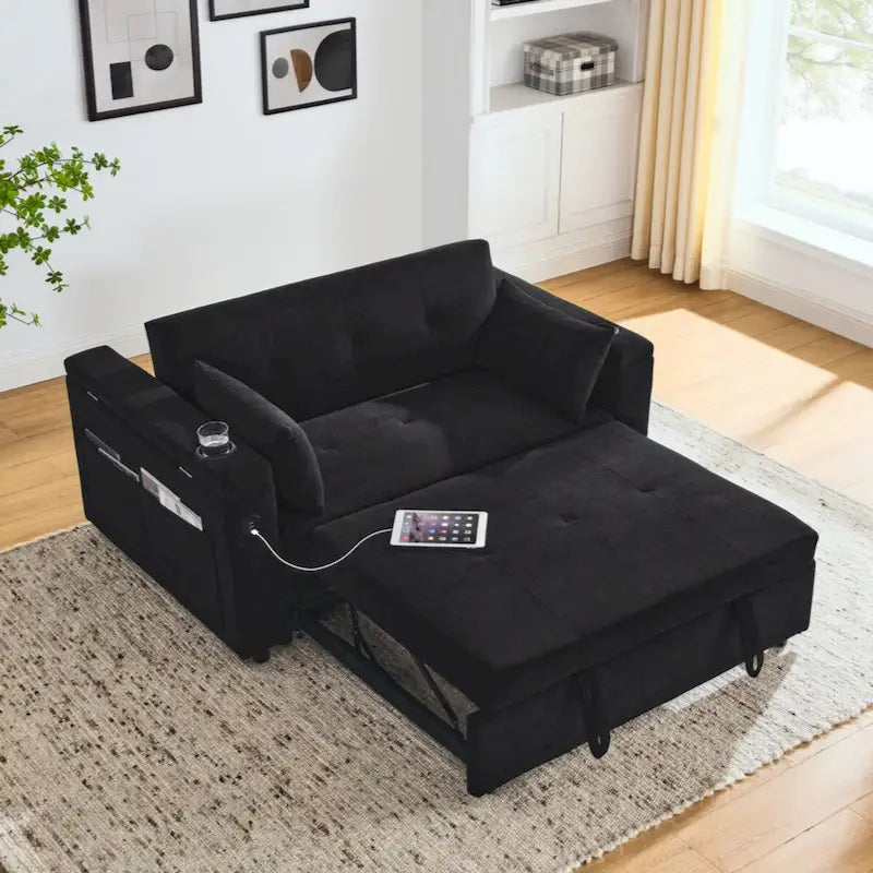 Canapé-lit gigogne 54 double places inclinable avec accoudoirs, rangement et poches latérales, et prise USB