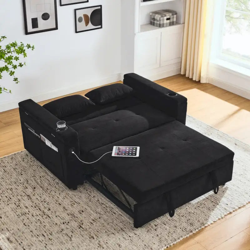Canapé-lit gigogne 54 double places inclinable avec accoudoirs, rangement et poches latérales, et prise USB