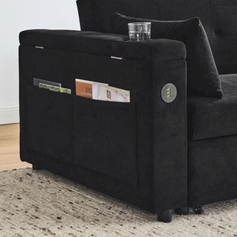 Canapé-lit gigogne 54 double places inclinable avec accoudoirs, rangement et poches latérales, et prise USB