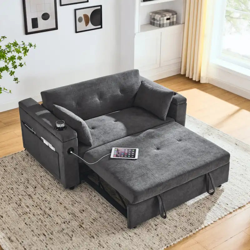 Canapé-lit gigogne 54 double places inclinable avec accoudoirs, rangement et poches latérales, et prise USB
