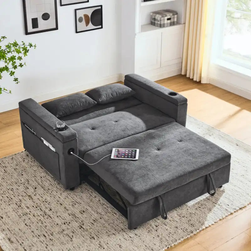 Canapé-lit gigogne 54 double places inclinable avec accoudoirs, rangement et poches latérales, et prise USB