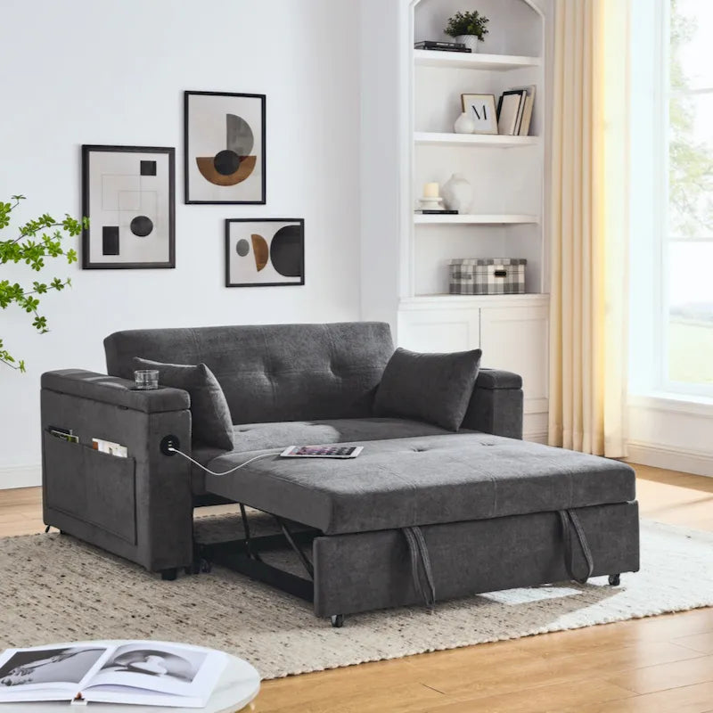 Canapé-lit gigogne 54 double places inclinable avec accoudoirs, rangement et poches latérales, et prise USB