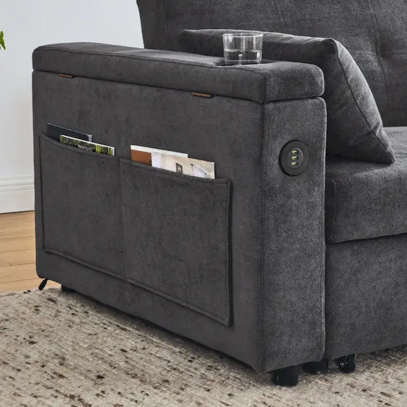 Canapé-lit gigogne 54 double places inclinable avec accoudoirs, rangement et poches latérales, et prise USB