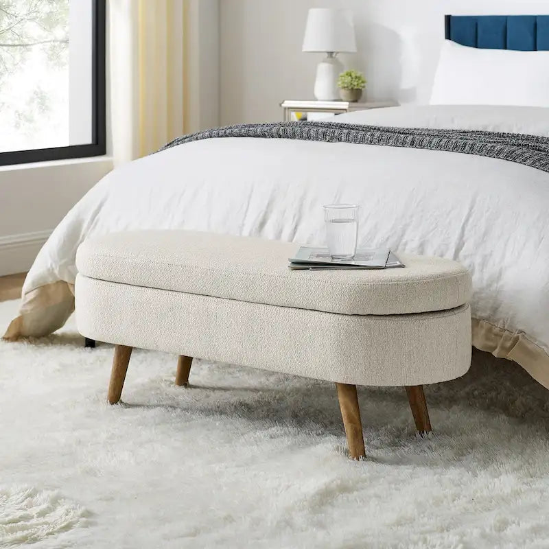 Banc de rangement ovale ottoman avec pieds en bois d'hévéa - 110,5L x 40,6l x 40,6H cm