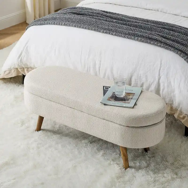 Banc de rangement ovale ottoman avec pieds en bois d'hévéa - 110,5L x 40,6l x 40,6H cm