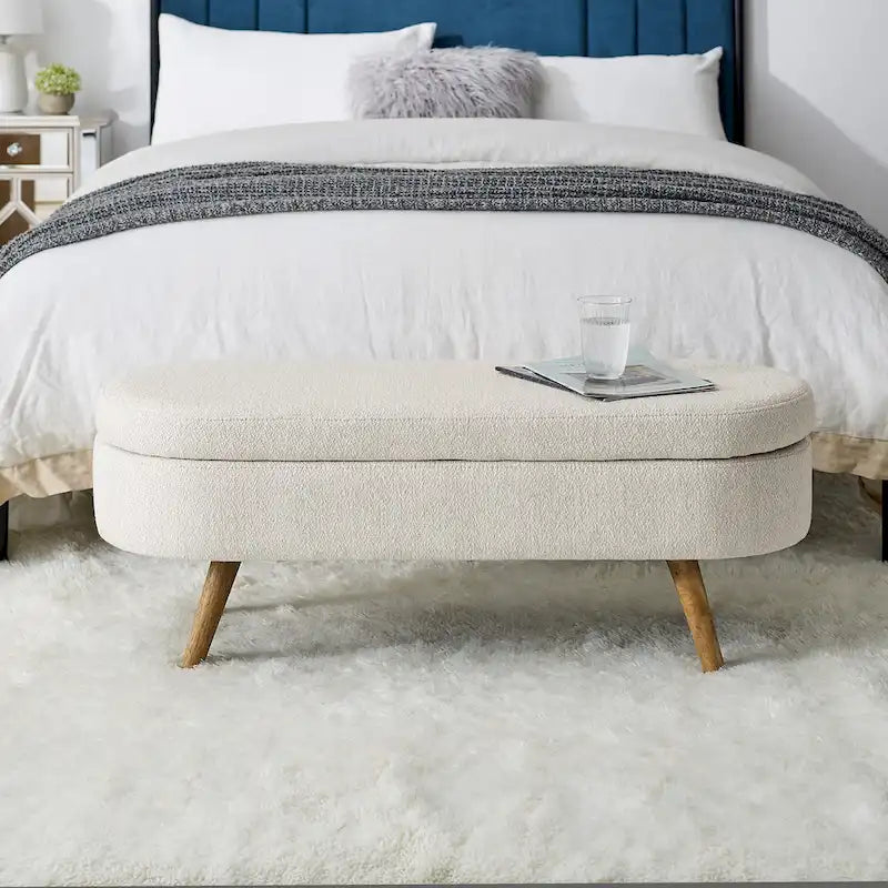 Banc de rangement ovale ottoman avec pieds en bois d'hévéa - 110,5L x 40,6l x 40,6H cm