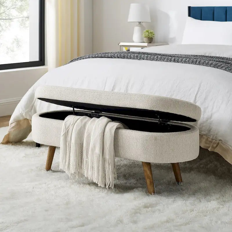 Banc de rangement ovale ottoman avec pieds en bois d'hévéa - 110,5L x 40,6l x 40,6H cm
