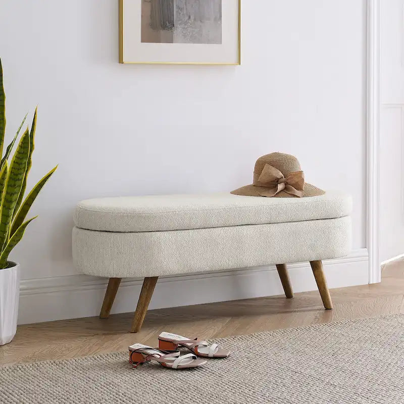 Banc de rangement ovale ottoman avec pieds en bois d'hévéa - 110,5L x 40,6l x 40,6H cm