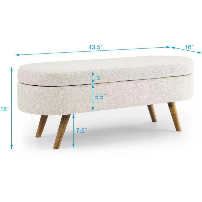 Banc de rangement ovale ottoman avec pieds en bois d'hévéa - 110,5L x 40,6l x 40,6H cm