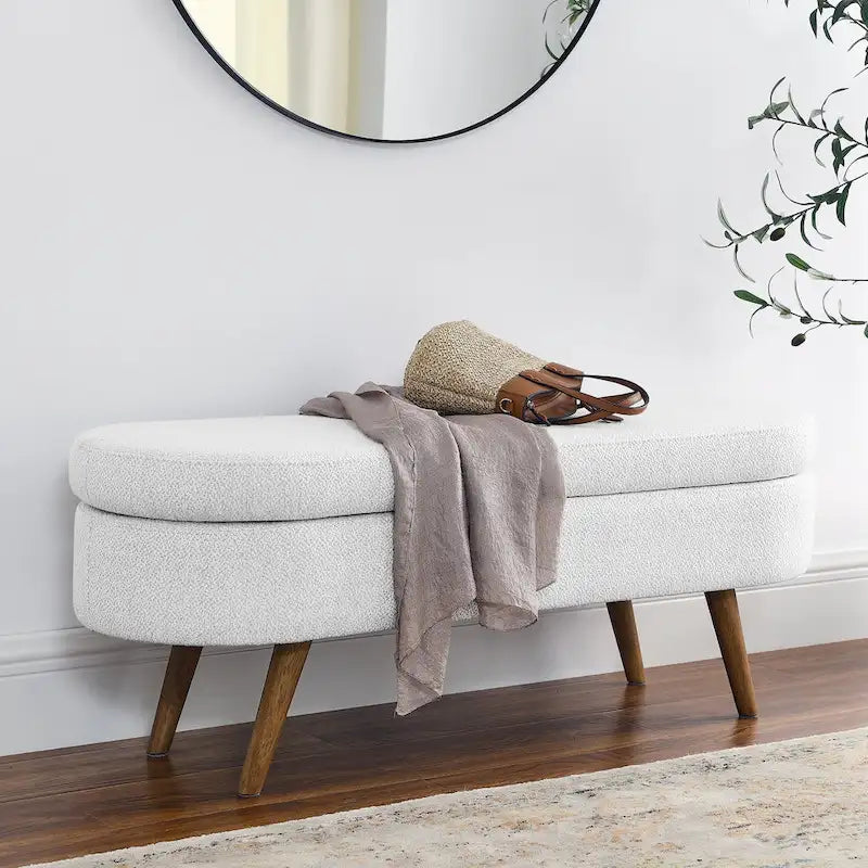Banc de rangement ovale ottoman avec pieds en bois d'hévéa - 110,5L x 40,6l x 40,6H cm