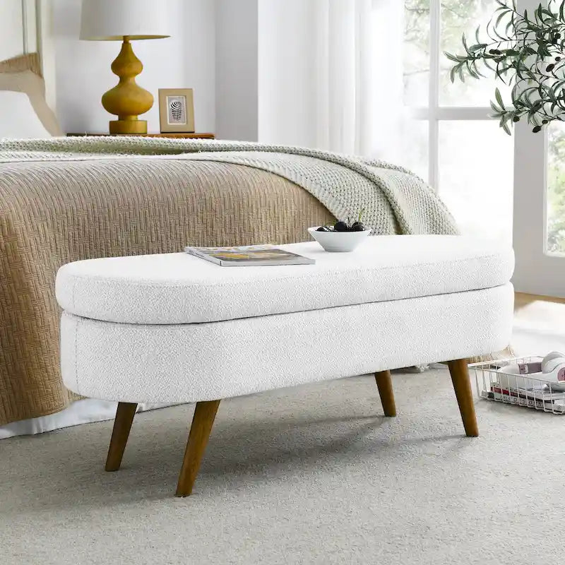 Banc de rangement ovale ottoman avec pieds en bois d'hévéa - 110,5L x 40,6l x 40,6H cm
