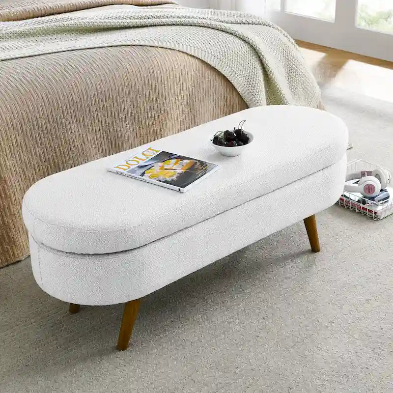 Banc de rangement ovale ottoman avec pieds en bois d'hévéa - 110,5L x 40,6l x 40,6H cm