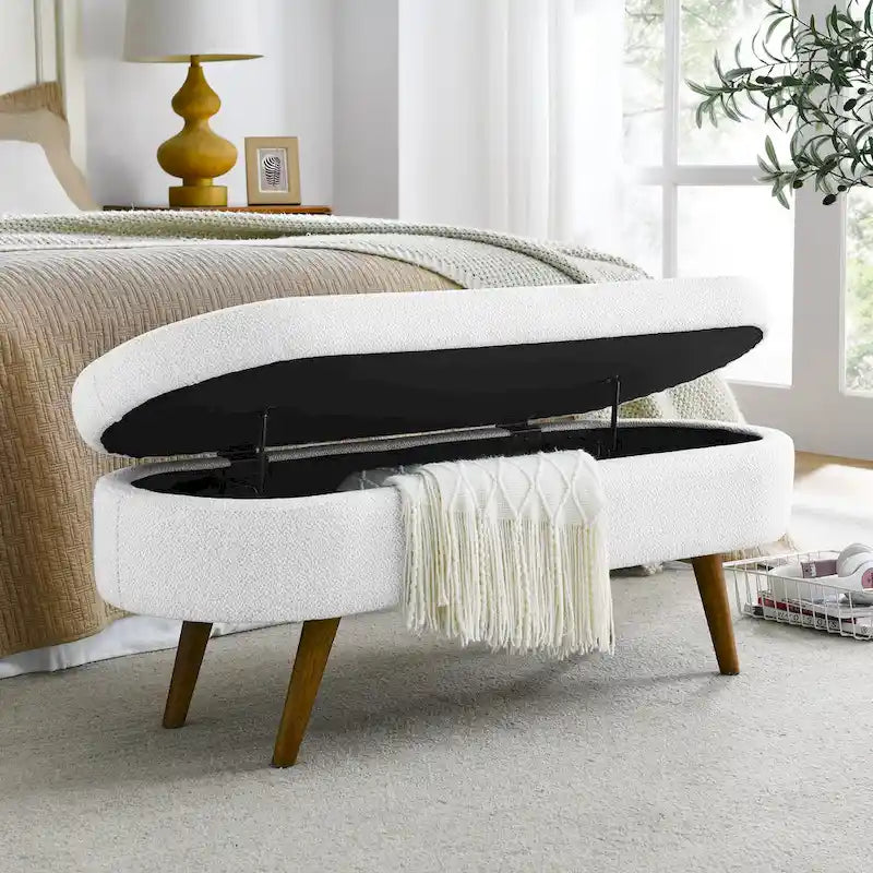 Banc de rangement ovale ottoman avec pieds en bois d'hévéa - 110,5L x 40,6l x 40,6H cm