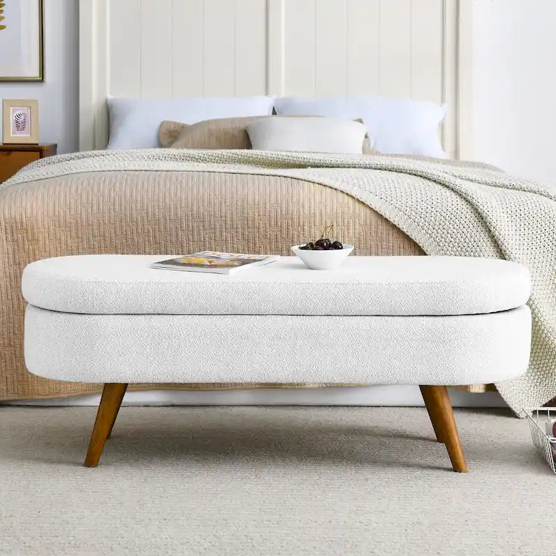 Banc de rangement ovale ottoman avec pieds en bois d'hévéa - 110,5L x 40,6l x 40,6H cm
