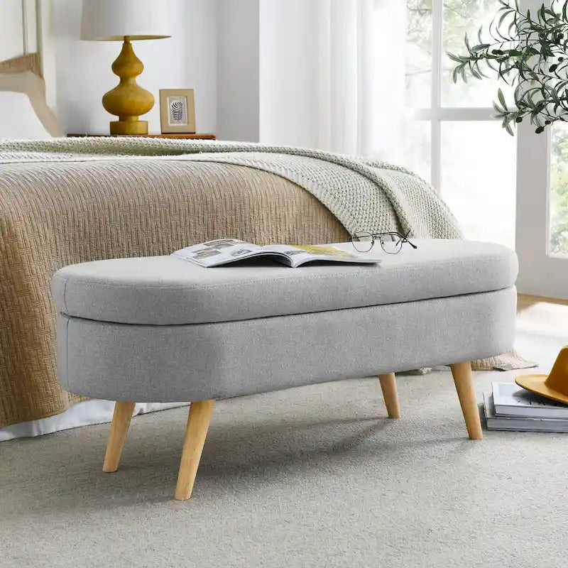 Banc de rangement ovale ottoman avec pieds en bois d'hévéa - 110,5L x 40,6l x 40,6H cm