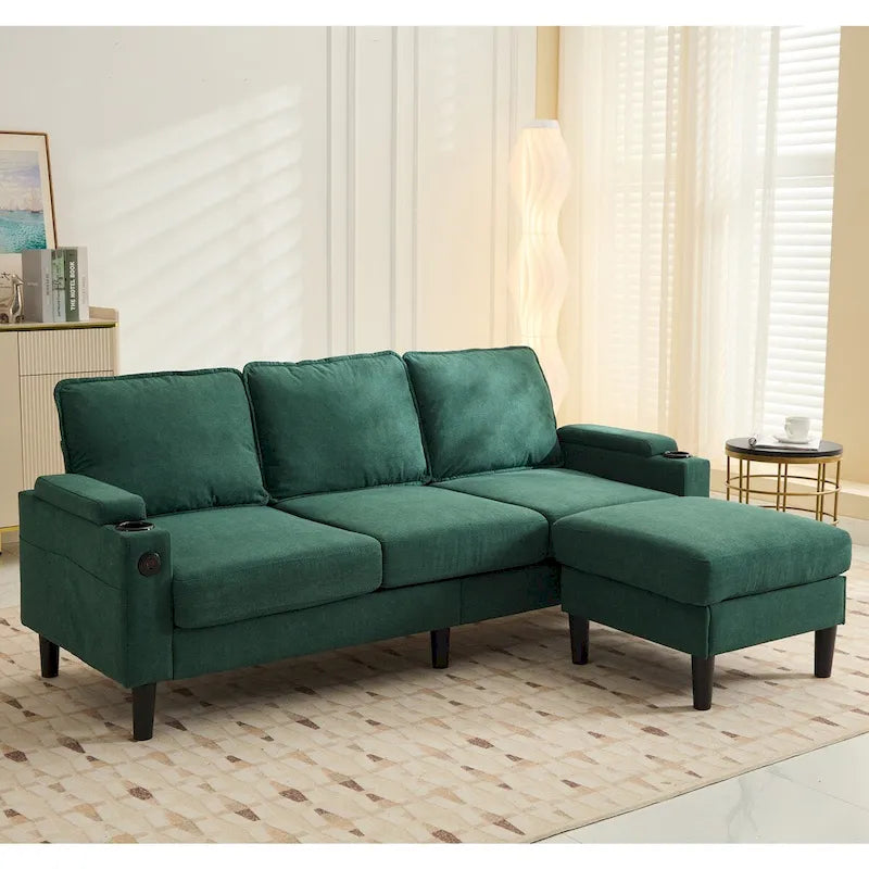 Canapé d'angle en tissu en L avec pouf de rangement et port USB