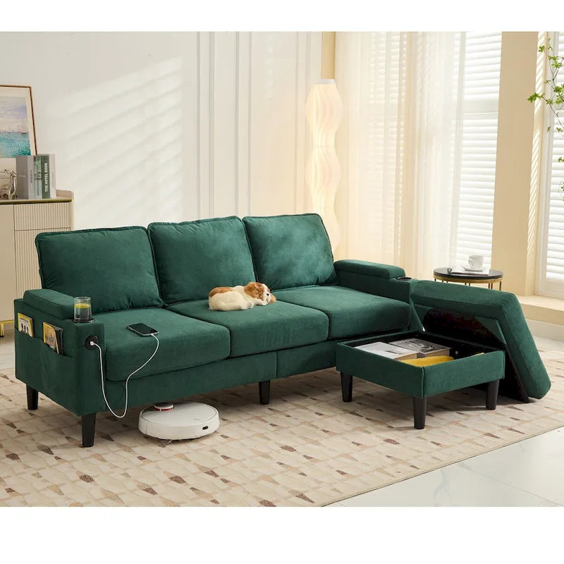 Canapé d'angle en tissu en L avec pouf de rangement et port USB