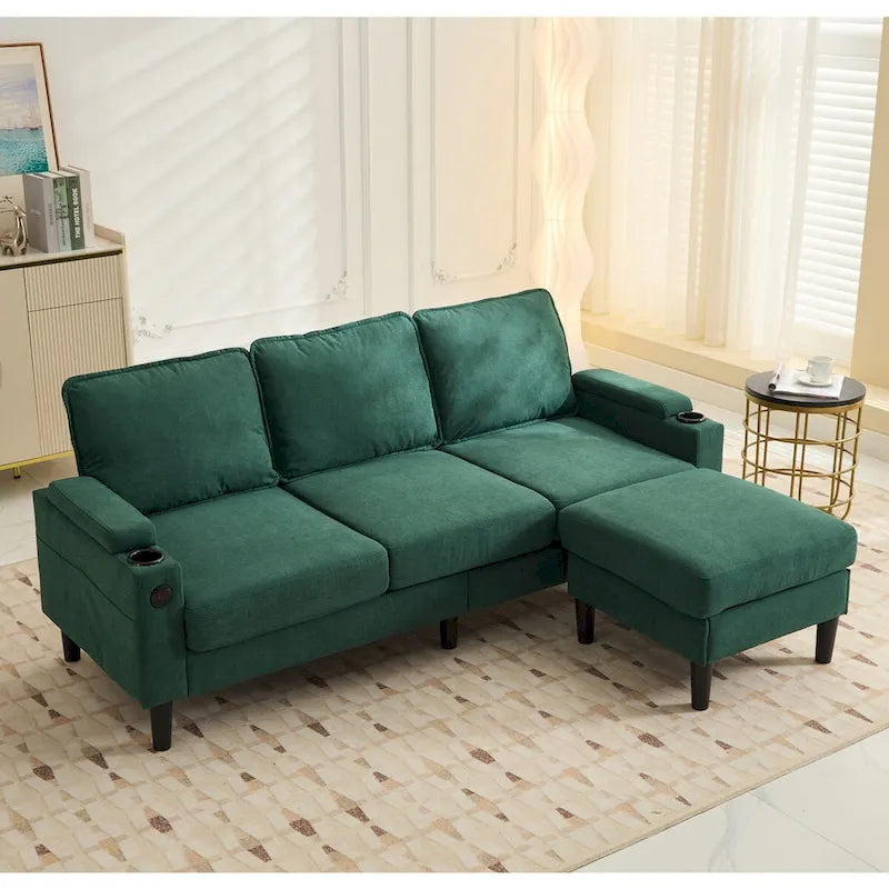 Canapé d'angle en tissu en L avec pouf de rangement et port USB