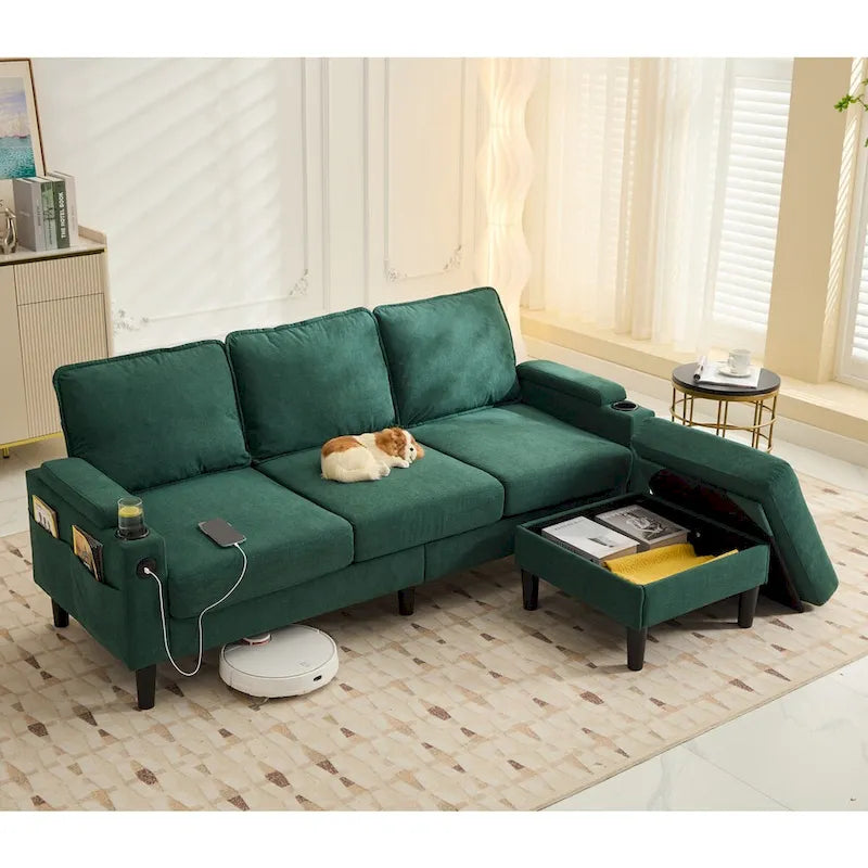 Canapé d'angle en tissu en L avec pouf de rangement et port USB