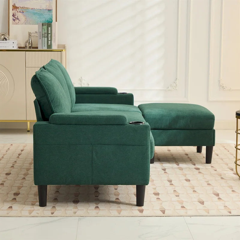 Canapé d'angle en tissu en L avec pouf de rangement et port USB
