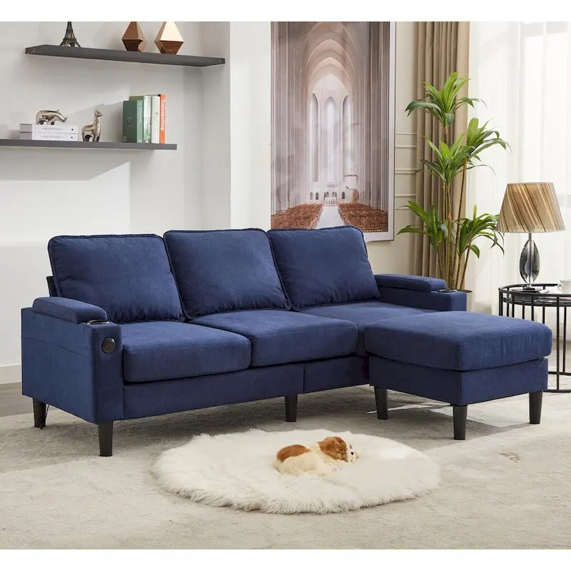 Canapé d'angle en tissu en L avec pouf de rangement et port USB