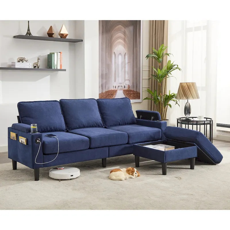 Canapé d'angle en tissu en L avec pouf de rangement et port USB