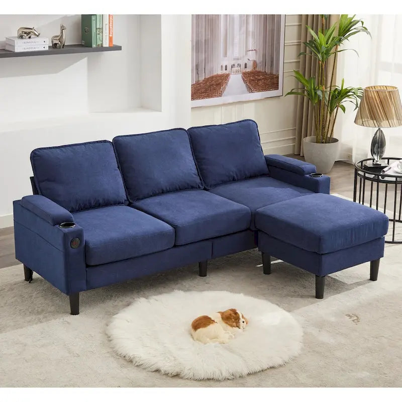 Canapé d'angle en tissu en L avec pouf de rangement et port USB