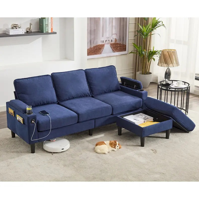 Canapé d'angle en tissu en L avec pouf de rangement et port USB