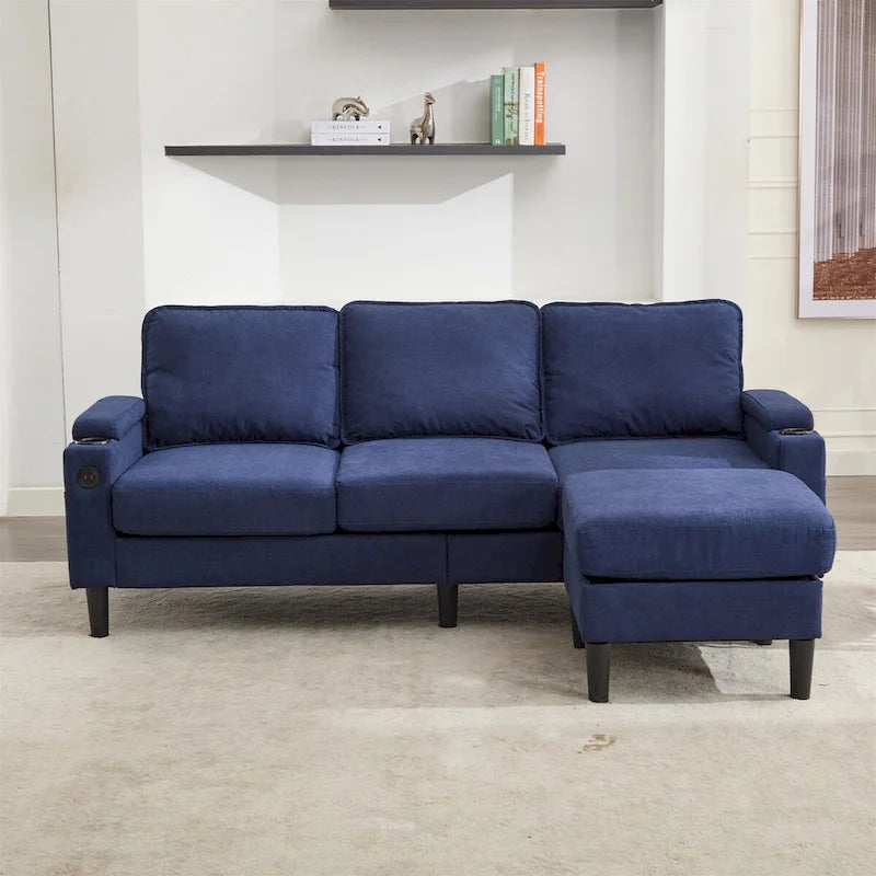 Canapé d'angle en tissu en L avec pouf de rangement et port USB