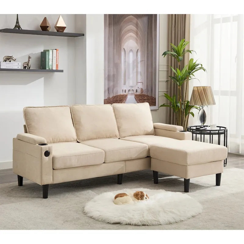 Canapé d'angle en tissu en L avec pouf de rangement et port USB