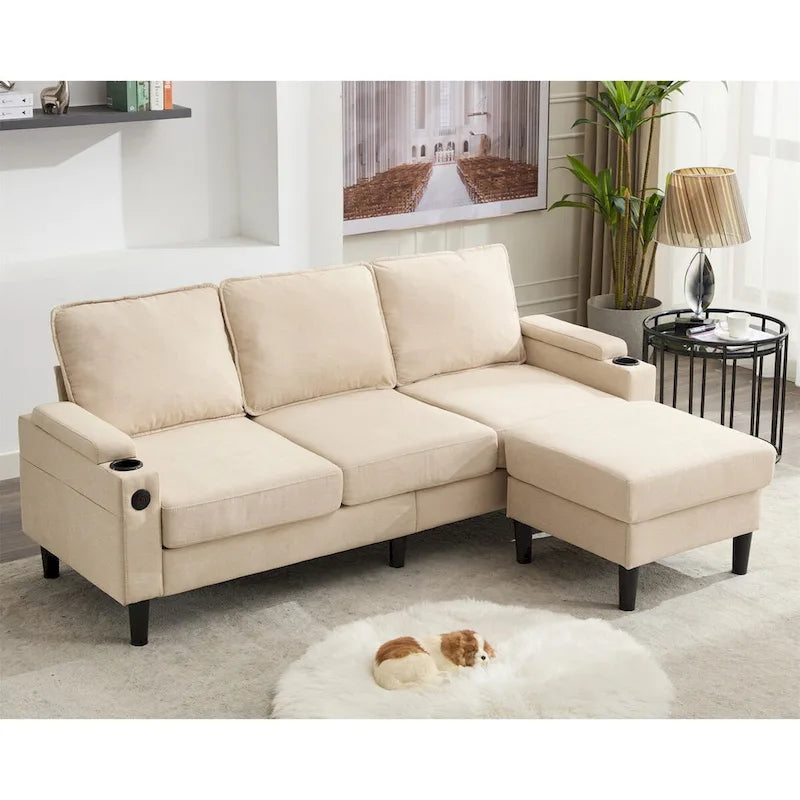 Canapé d'angle en tissu en L avec pouf de rangement et port USB