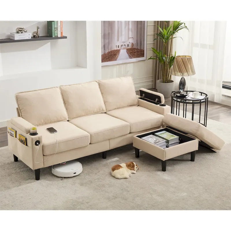 Canapé d'angle en tissu en L avec pouf de rangement et port USB