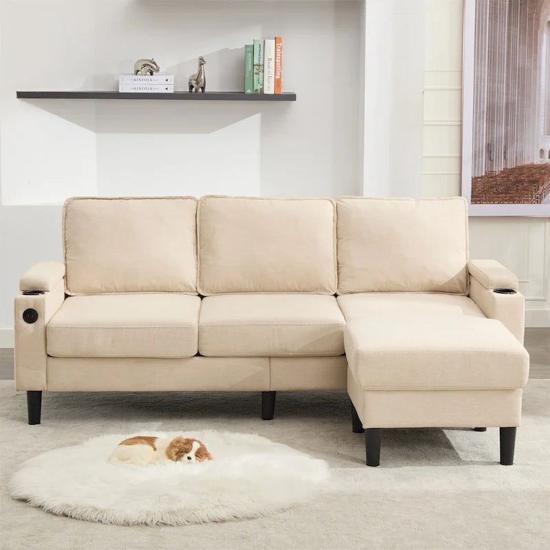 Canapé d'angle en tissu en L avec pouf de rangement et port USB