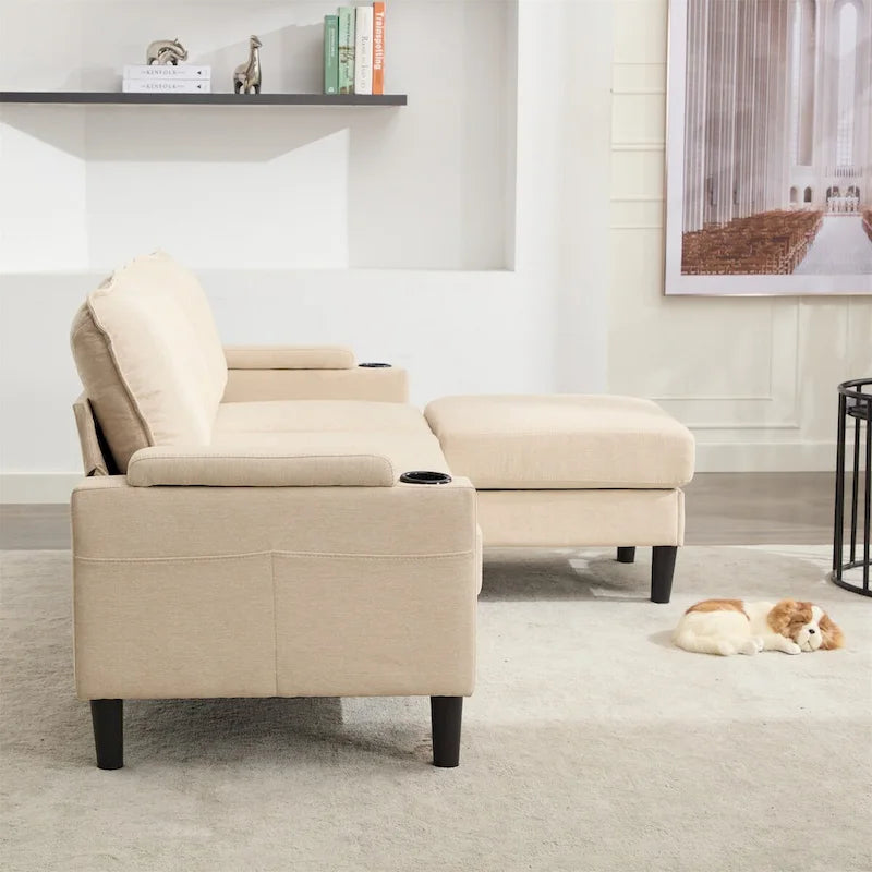 Canapé d'angle en tissu en L avec pouf de rangement et port USB
