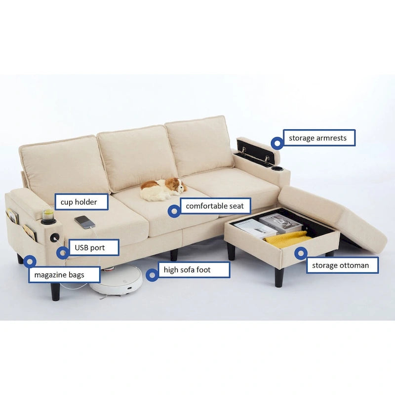 Canapé d'angle en tissu en L avec pouf de rangement et port USB