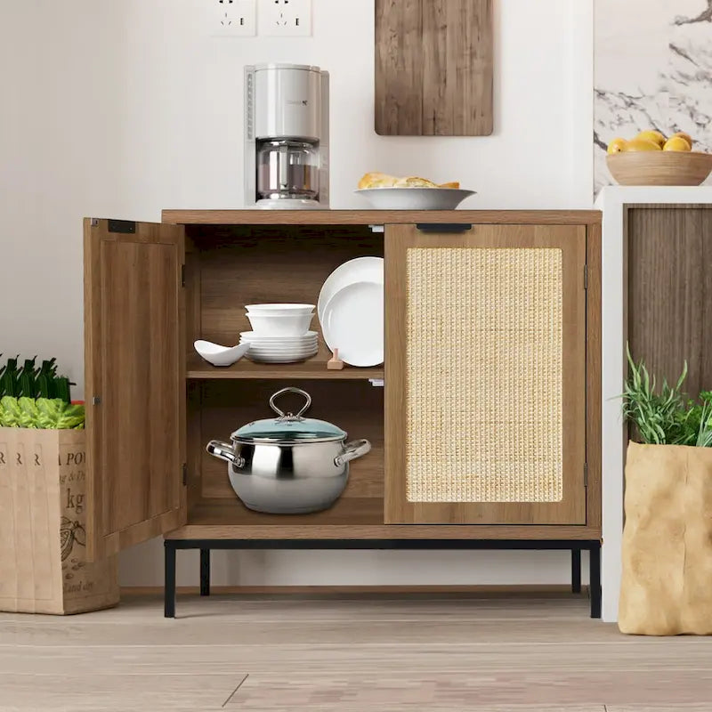 Buffet bas en rotin de style moderne du milieu du siècle avec 2 portes Anmytek