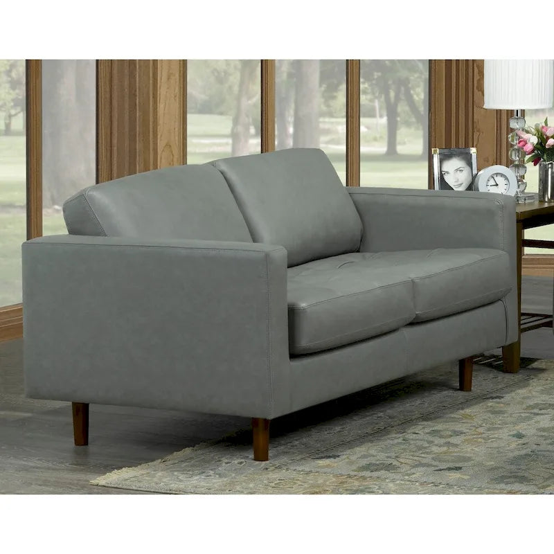Canapé et causeuse capitonnés en cuir italien pleine fleur gris Booker Mid-Century Modern
