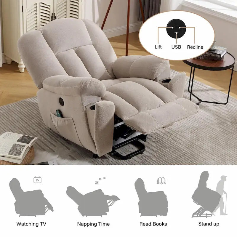 Fauteuil inclinable releveur électrique avec chauffage, massage et port USB
