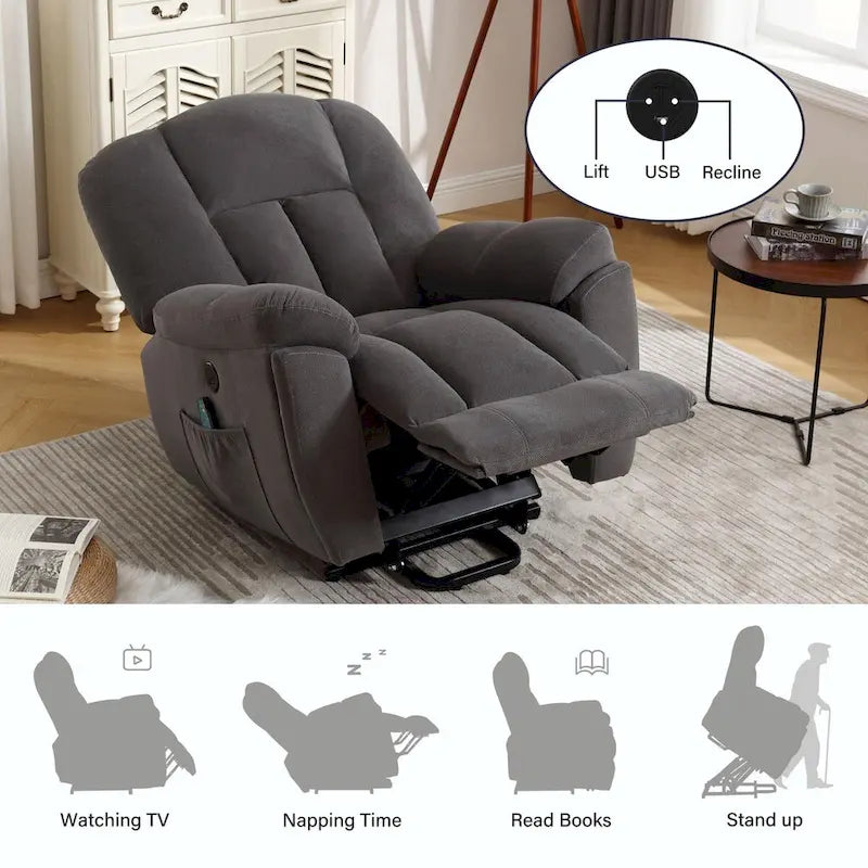 Fauteuil inclinable releveur électrique avec chauffage, massage et port USB