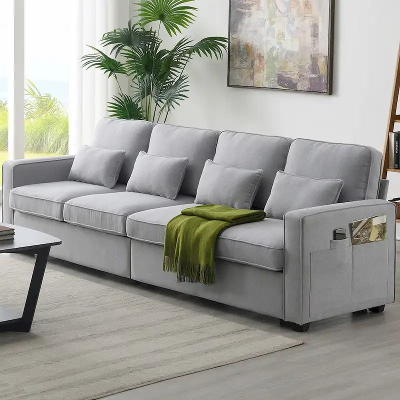Canapé 4 places moderne en tissu de lin avec pochettes accoudoirs et 4 oreillers