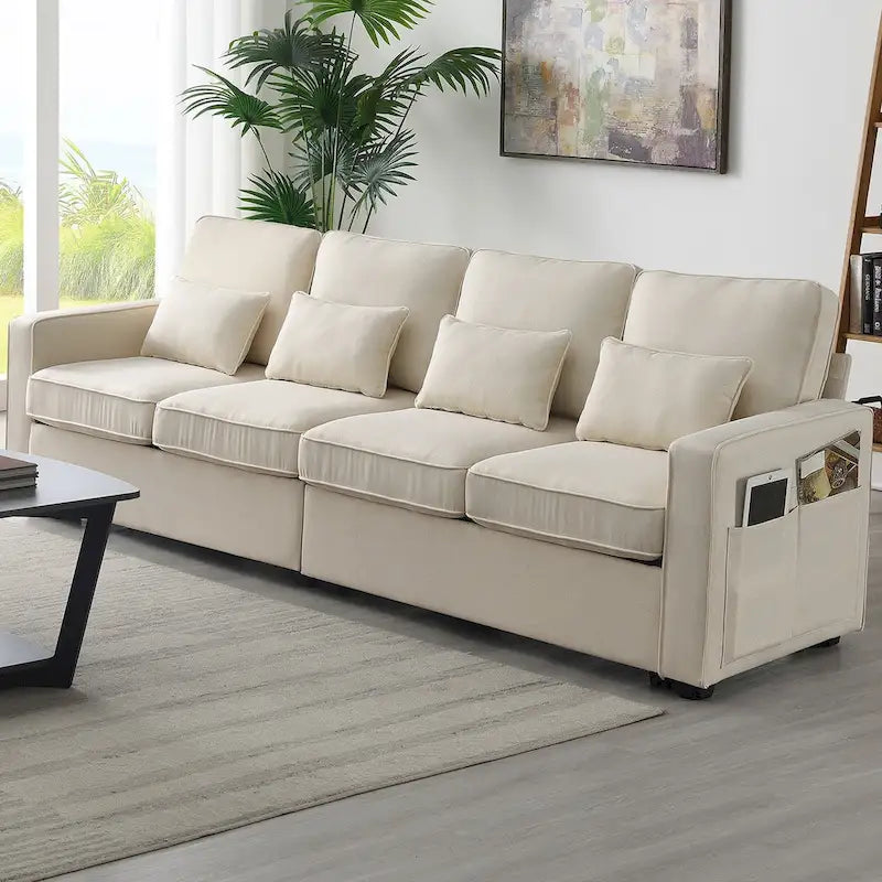 Canapé 4 places moderne en tissu de lin avec pochettes accoudoirs et 4 oreillers