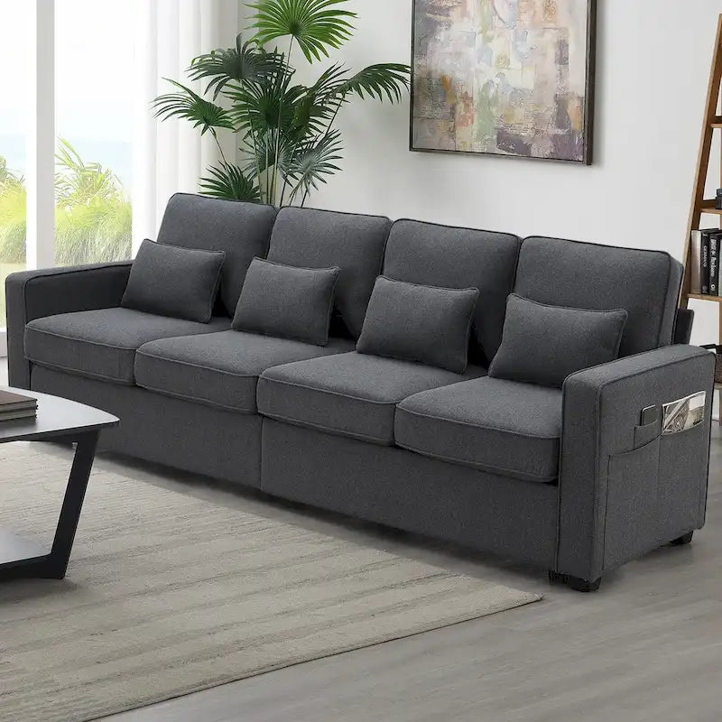 Canapé 4 places moderne en tissu de lin avec pochettes accoudoirs et 4 oreillers