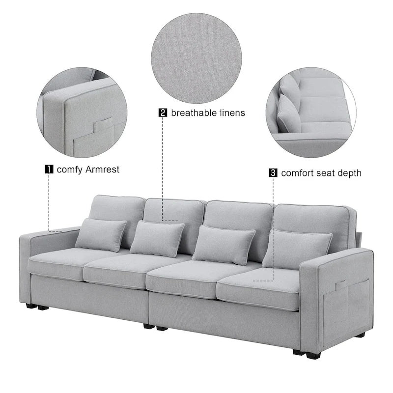 Canapé 4 places moderne en tissu de lin avec pochettes accoudoirs et 4 oreillers