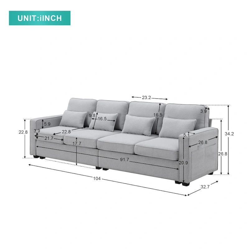 Canapé 4 places moderne en tissu de lin avec pochettes accoudoirs et 4 oreillers